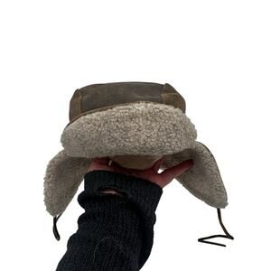 J. Crew Men’s Leather Trapper Hat Sherpa Lined SZ XL Made in USA Union Made